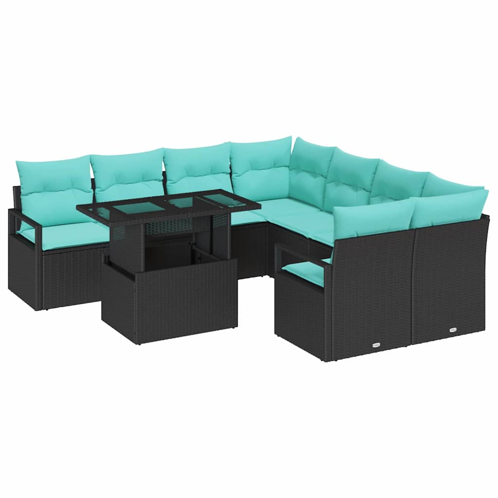 Tuin Sofa Set met opslag 9 pcs Zwart en Blauw poly rattan is nu te koop bij PeponiXL, paradijselijk wonen!