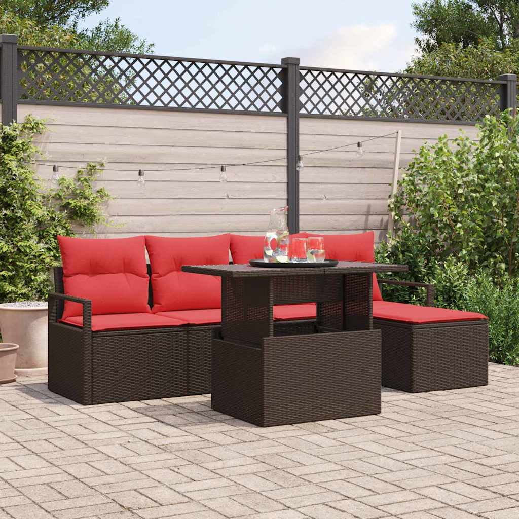 Tuin Sofa Set met opslag 6 pcs Bruin en Rood poly rattan is nu te koop bij PeponiXL, paradijselijk wonen!
