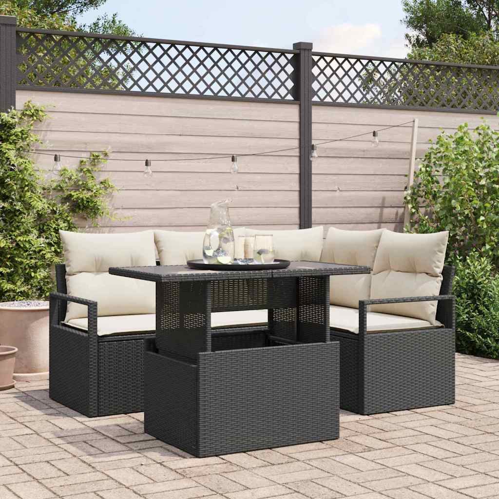 Tuin Sofa Set met kussen 5 pcs Zwart en crème poly rattan is nu te koop bij PeponiXL, paradijselijk wonen!