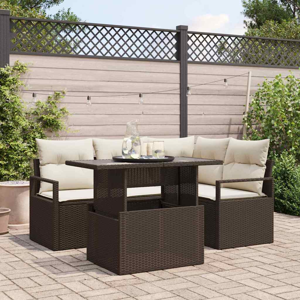 Tuin Sofa Set met kussen 5 pcs Bruin en Crème poly rattan is nu te koop bij PeponiXL, paradijselijk wonen!