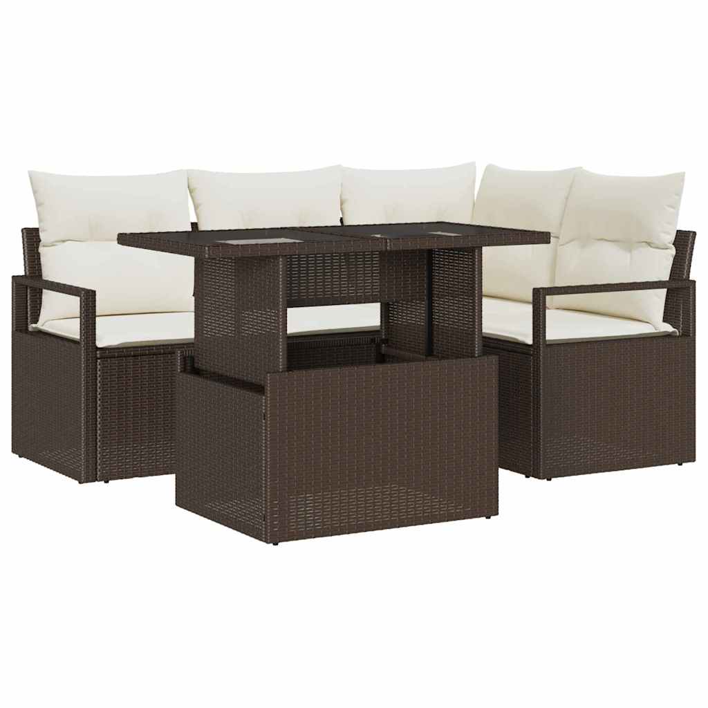 Tuin Sofa Set met kussen 5 pcs Bruin en Crème poly rattan is nu te koop bij PeponiXL, paradijselijk wonen!