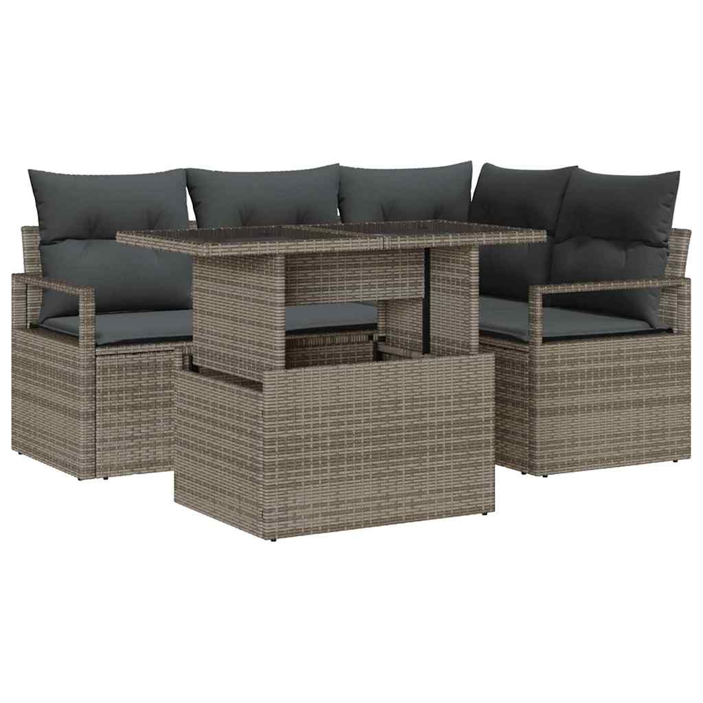 Tuin Sofa Set met kussen 5 pcs Grijs poly rattan is nu te koop bij PeponiXL, paradijselijk wonen!