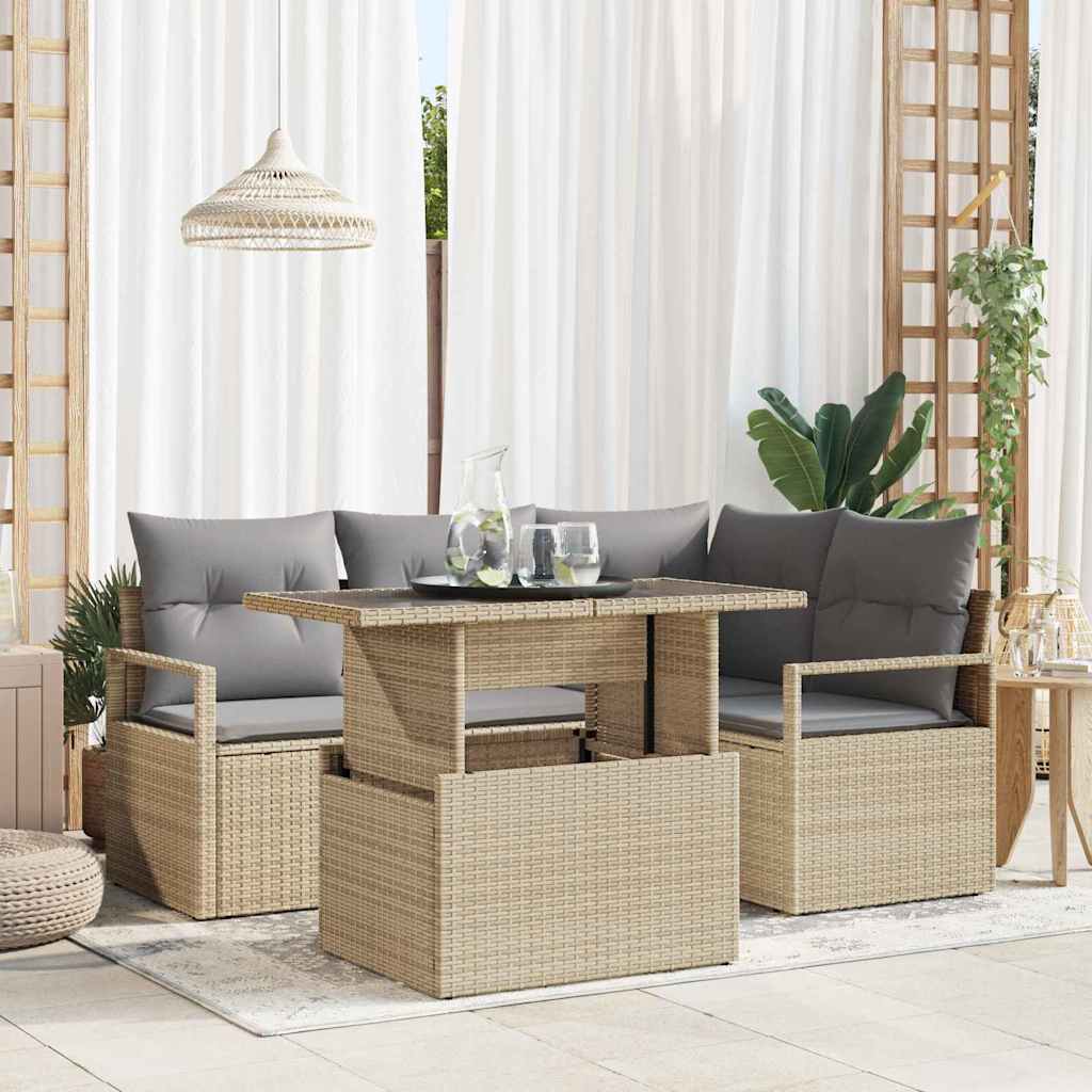 Tuin Sofa Set met kussen 5 pcs beige en lichtgrijs poly rattan is nu te koop bij PeponiXL, paradijselijk wonen!