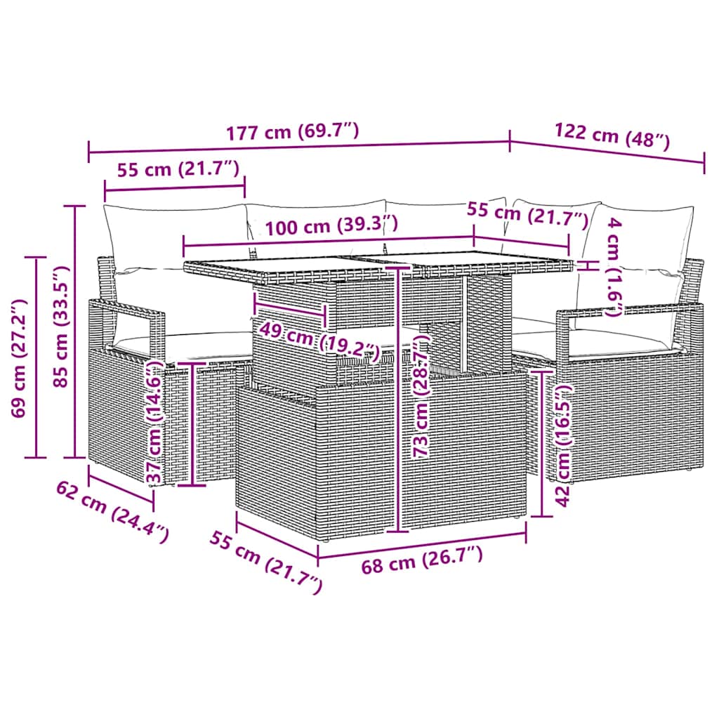 Tuin Sofa Set met kussen 5 pcs Lichtgrijs poly rattan is nu te koop bij PeponiXL, paradijselijk wonen!