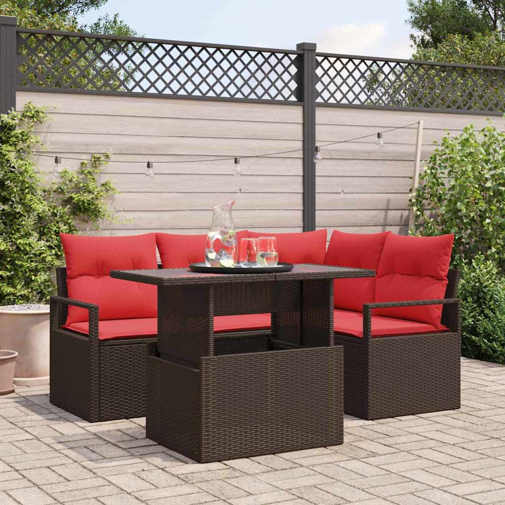 Tuin Sofa Set met opslag 5 pcs Bruin en Rood poly rattan is nu te koop bij PeponiXL, paradijselijk wonen!