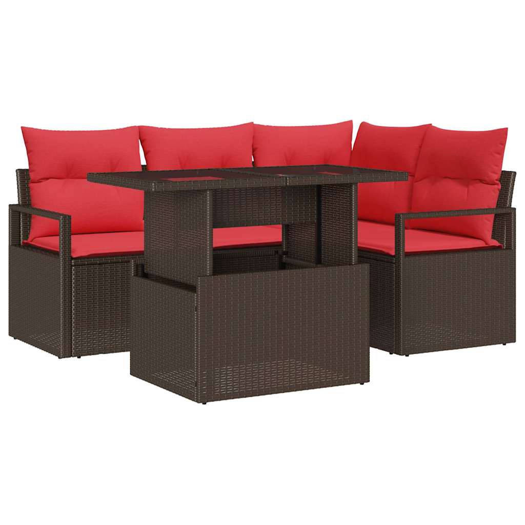 Tuin Sofa Set met opslag 5 pcs Bruin en Rood poly rattan is nu te koop bij PeponiXL, paradijselijk wonen!
