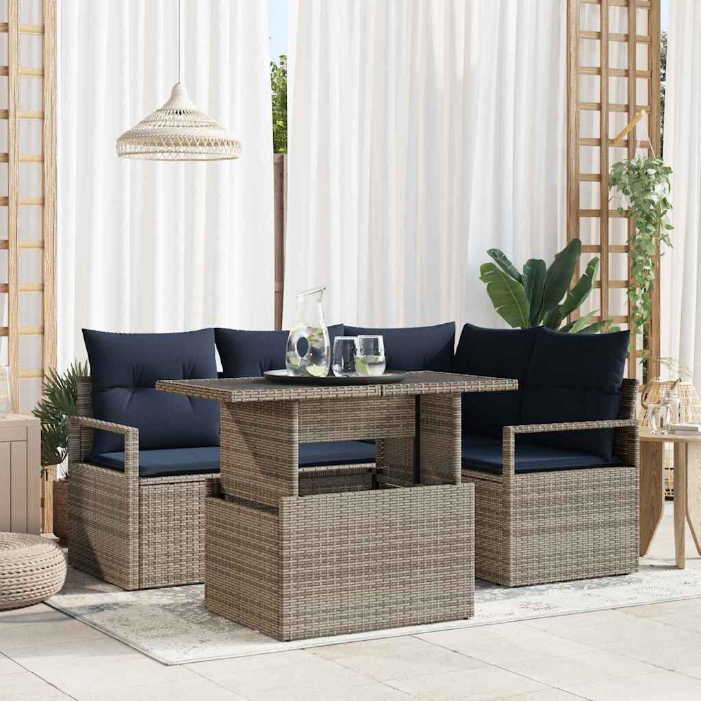 Tuin Sofa Set met kussen 5 pcs Grijs en Marineblauw poly rattan is nu te koop bij PeponiXL, paradijselijk wonen!