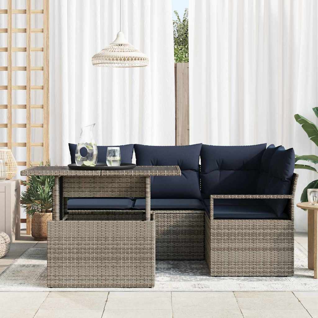 Tuin Sofa Set met kussen 5 pcs Grijs en Marineblauw poly rattan is nu te koop bij PeponiXL, paradijselijk wonen!