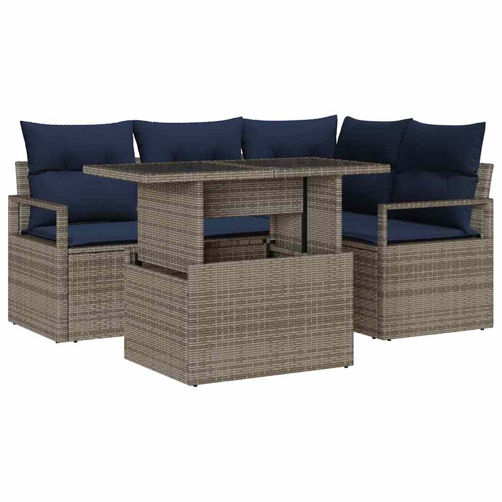 Tuin Sofa Set met kussen 5 pcs Grijs en Marineblauw poly rattan is nu te koop bij PeponiXL, paradijselijk wonen!