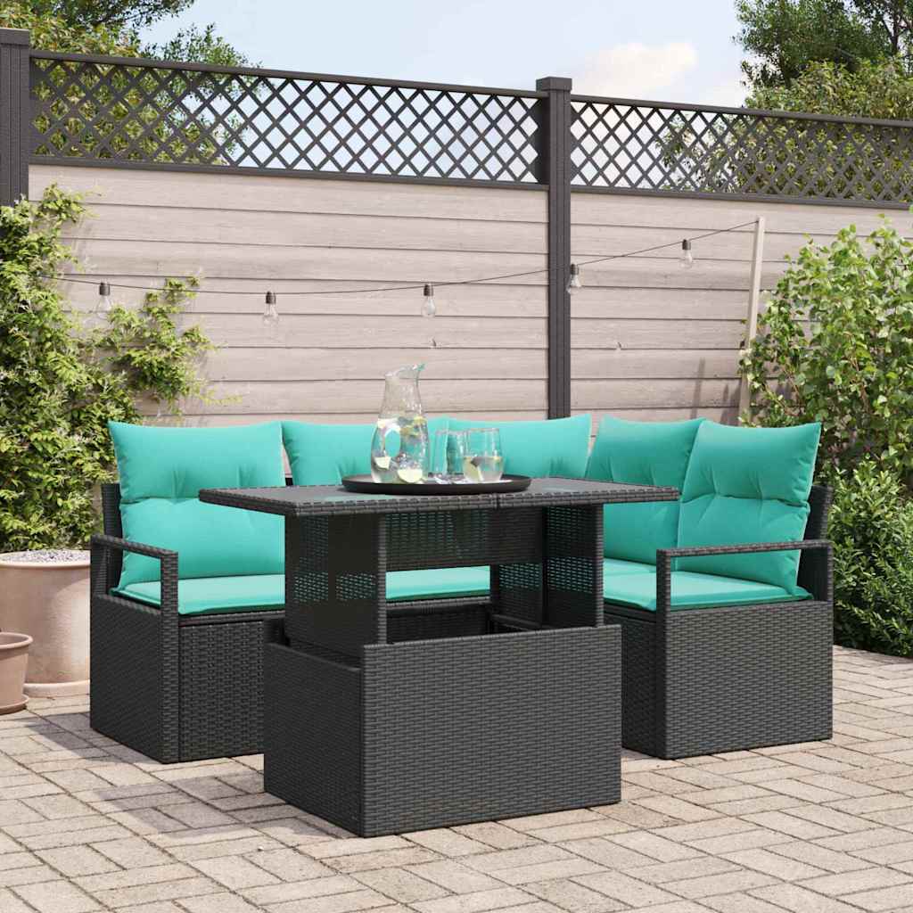 Tuin Sofa Set met kussen 5 pcs Zwart en blauw poly rattan is nu te koop bij PeponiXL, paradijselijk wonen!