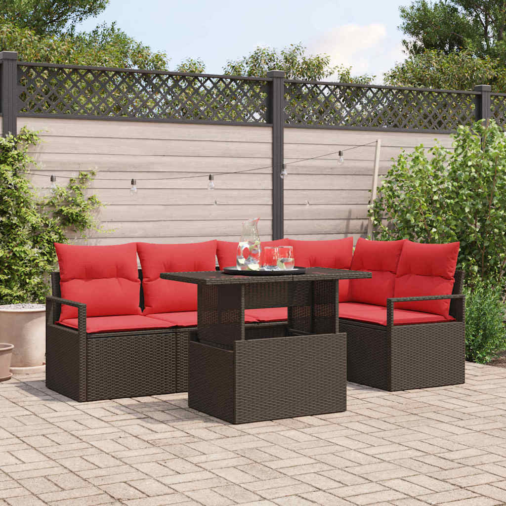 Tuin Sofa Set met kussen 6 pcs Bruin en Rood poly rattan is nu te koop bij PeponiXL, paradijselijk wonen!