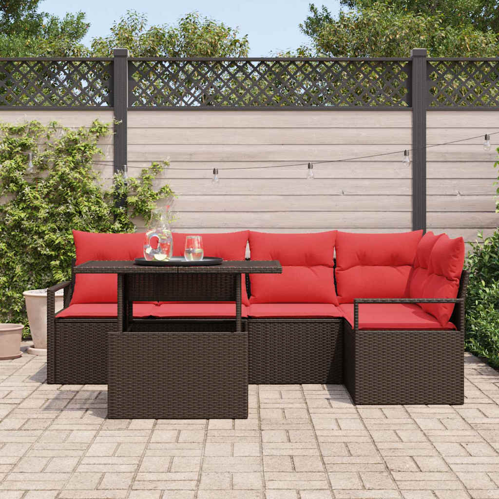 Tuin Sofa Set met kussen 6 pcs Bruin en Rood poly rattan is nu te koop bij PeponiXL, paradijselijk wonen!