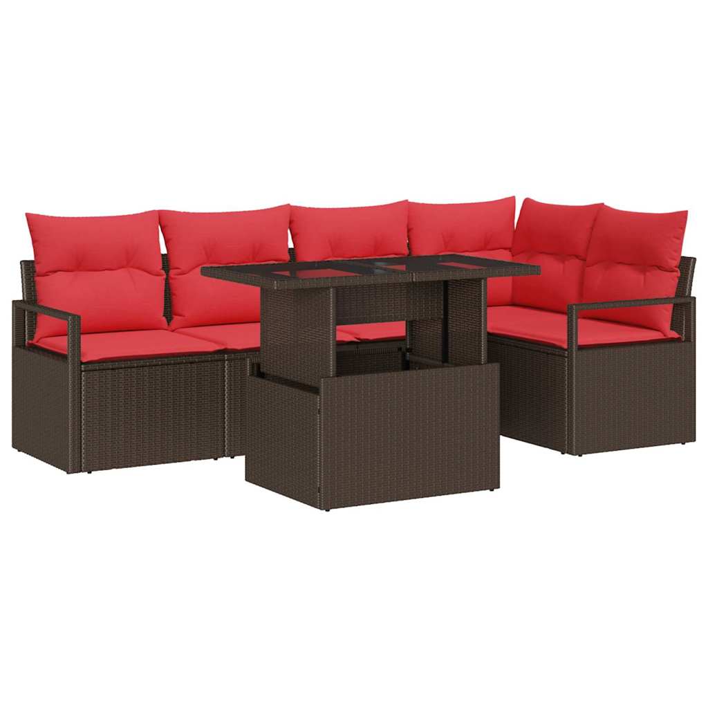 Tuin Sofa Set met kussen 6 pcs Bruin en Rood poly rattan is nu te koop bij PeponiXL, paradijselijk wonen!