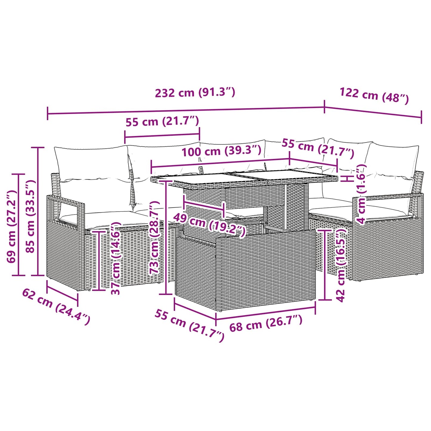 Tuin Sofa Set met kussen 6 pcs Bruin en Rood poly rattan is nu te koop bij PeponiXL, paradijselijk wonen!