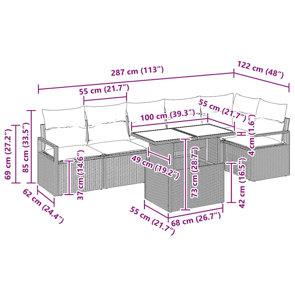 Tuin Sofa Set met kussen 7 pcs Grijs Poly riet is nu te koop bij PeponiXL, paradijselijk wonen!