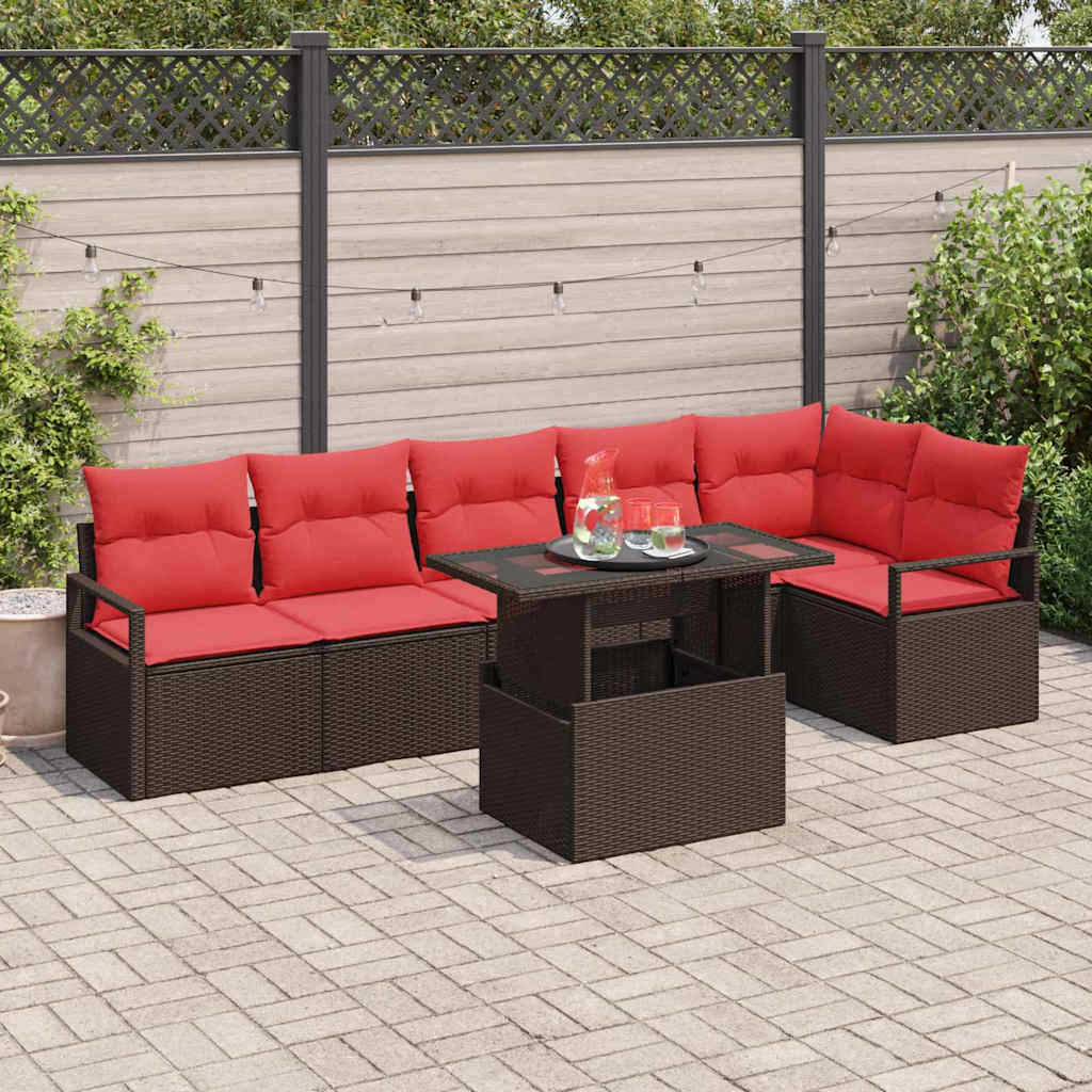 Tuin Sofa Set met opslag 7 pcs Bruin en Rood poly rattan is nu te koop bij PeponiXL, paradijselijk wonen!