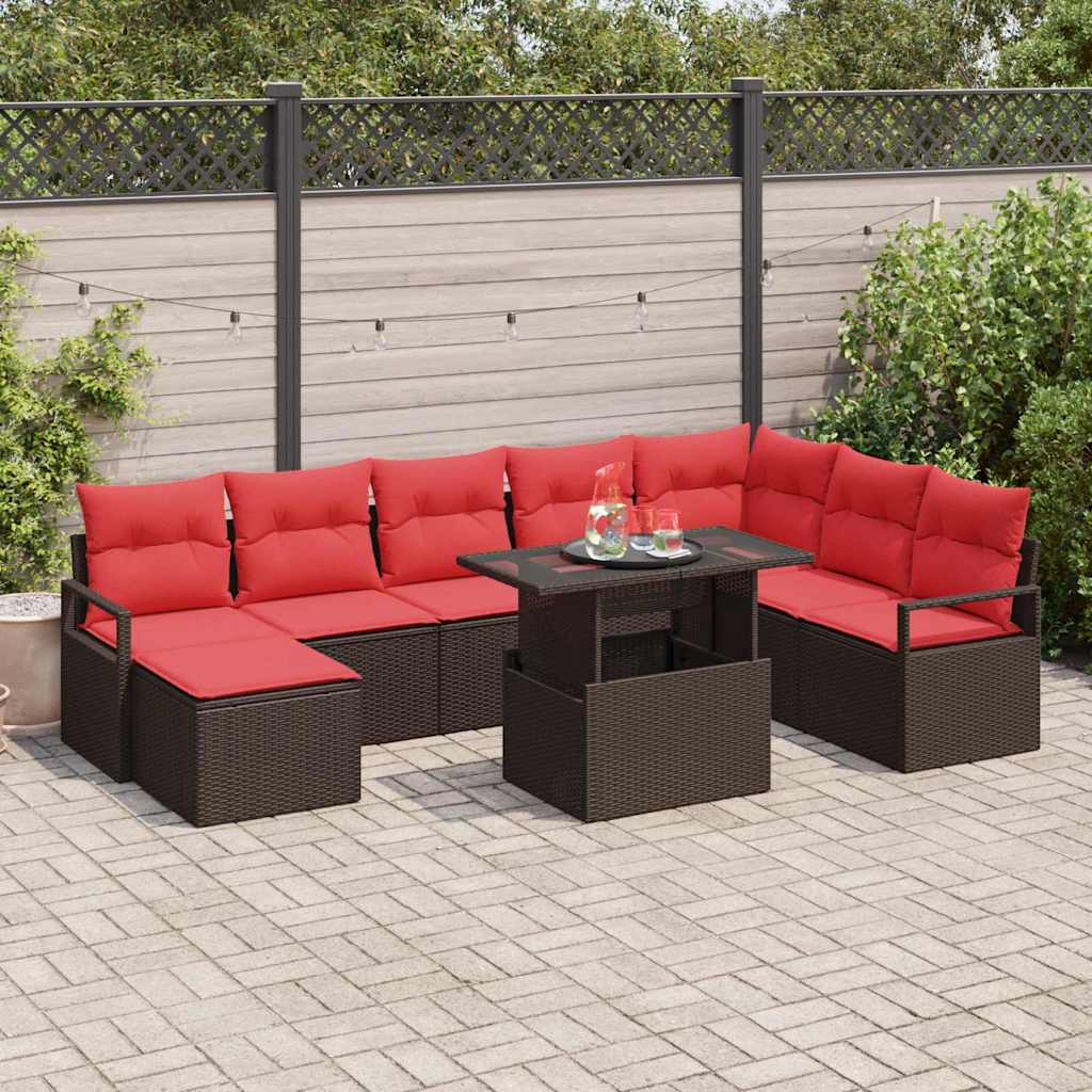 Tuin Sofa Set met kussen 9 pcs Bruin en Rood poly rattan is nu te koop bij PeponiXL, paradijselijk wonen!