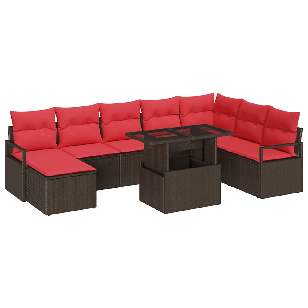 Tuin Sofa Set met kussen 9 pcs Bruin en Rood poly rattan is nu te koop bij PeponiXL, paradijselijk wonen!