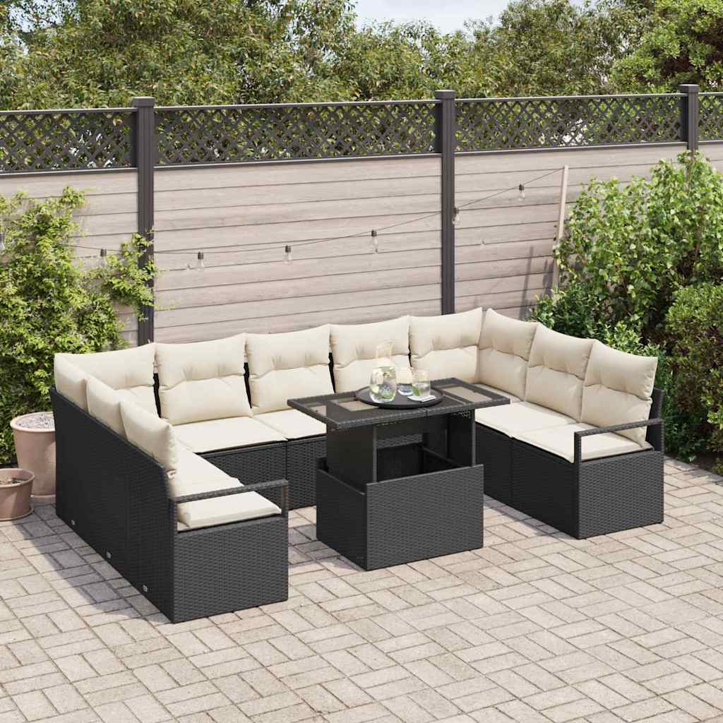 Tuin Sofa Set met kussen 10 pcs Zwart en crème poly rattan is nu te koop bij PeponiXL, paradijselijk wonen!