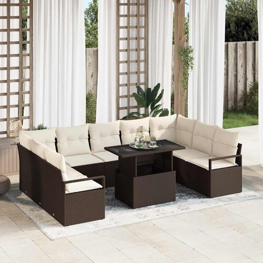 Tuin Sofa Set met kussen 10 pcs Bruin en Crème poly rattan is nu te koop bij PeponiXL, paradijselijk wonen!