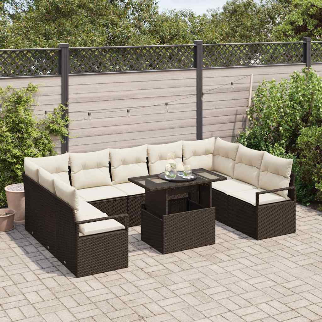 Tuin Sofa Set met kussen 10 pcs Bruin en Crème poly rattan is nu te koop bij PeponiXL, paradijselijk wonen!