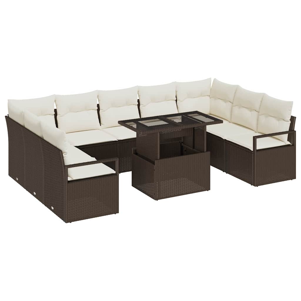 Tuin Sofa Set met kussen 10 pcs Bruin en Crème poly rattan is nu te koop bij PeponiXL, paradijselijk wonen!