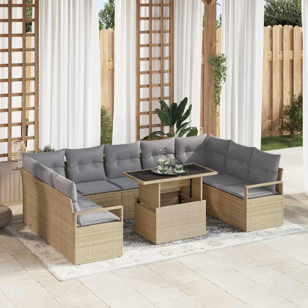 Tuin Sofa Set met kussen 10 pcs beige en lichtgrijs poly rattan is nu te koop bij PeponiXL, paradijselijk wonen!