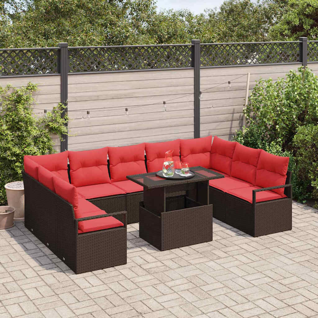 Tuin Sofa Set met opslag 10 pcs Bruin en Rood Poly riet is nu te koop bij PeponiXL, paradijselijk wonen!