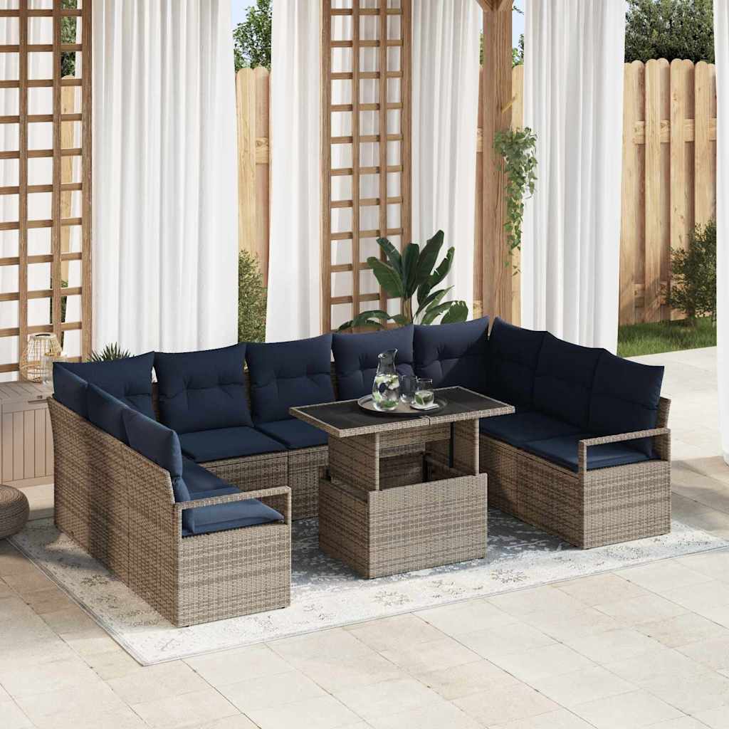 Tuin Sofa Set met opslag 10 pcs Grijs en Marineblauw Poly riet is nu te koop bij PeponiXL, paradijselijk wonen!