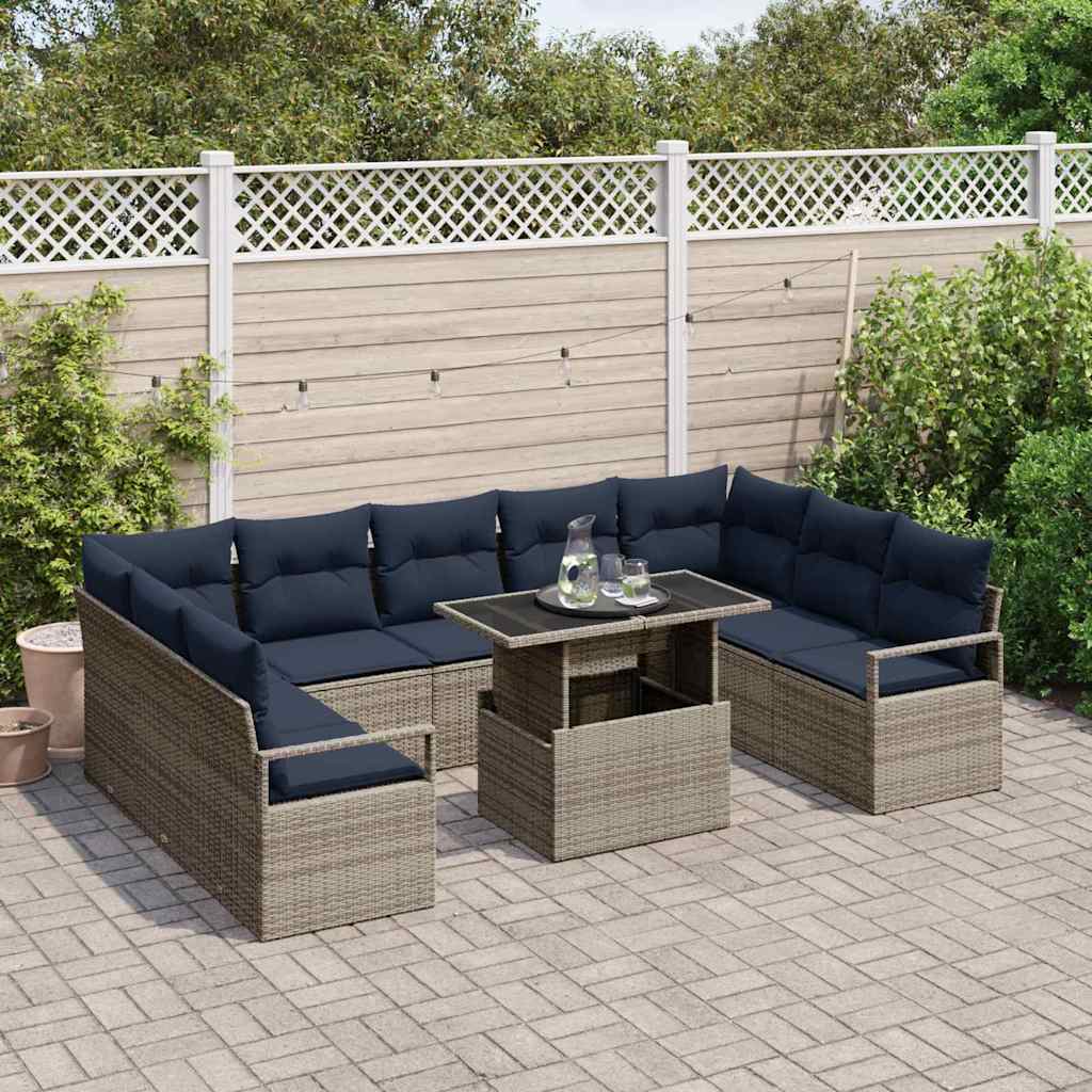 Tuin Sofa Set met opslag 10 pcs Grijs en Marineblauw Poly riet is nu te koop bij PeponiXL, paradijselijk wonen!