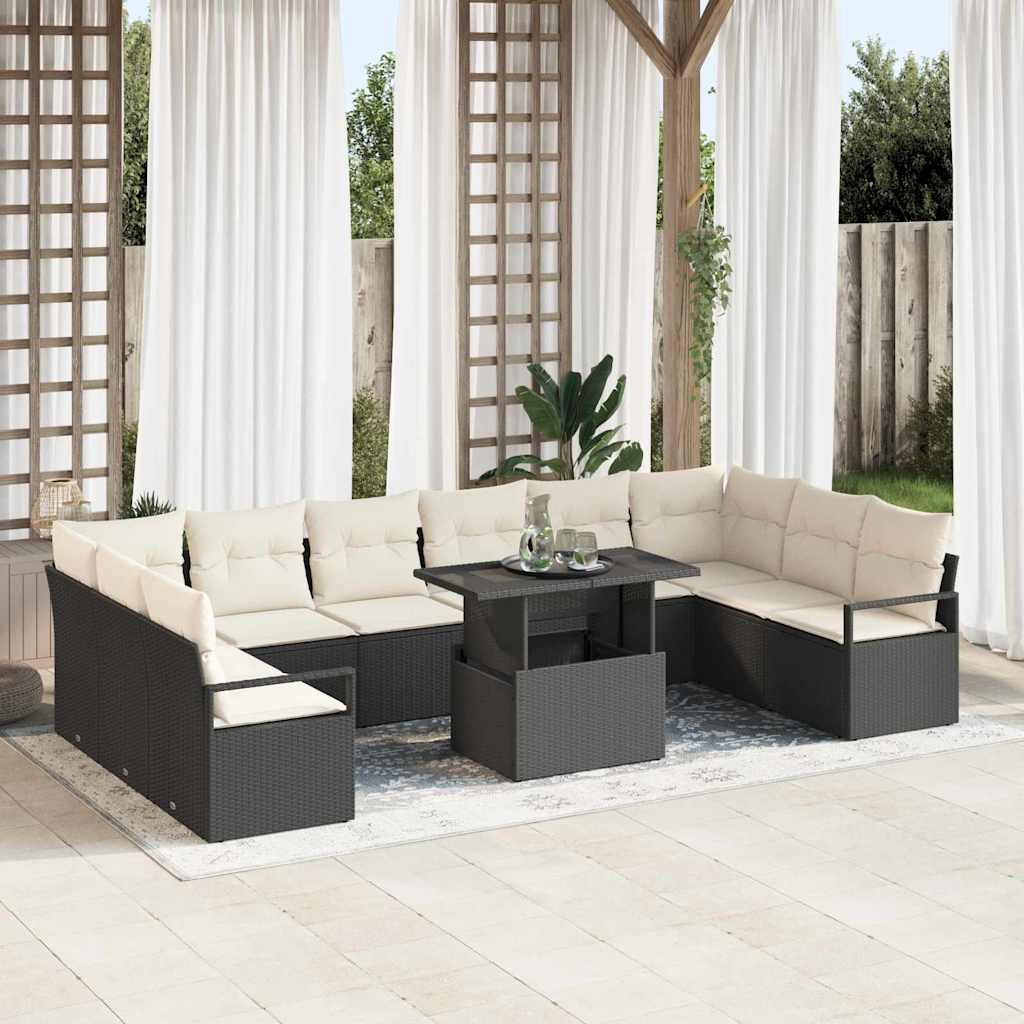 Tuin Sofa Set met kussen 11 pcs Zwart en crème poly rattan is nu te koop bij PeponiXL, paradijselijk wonen!