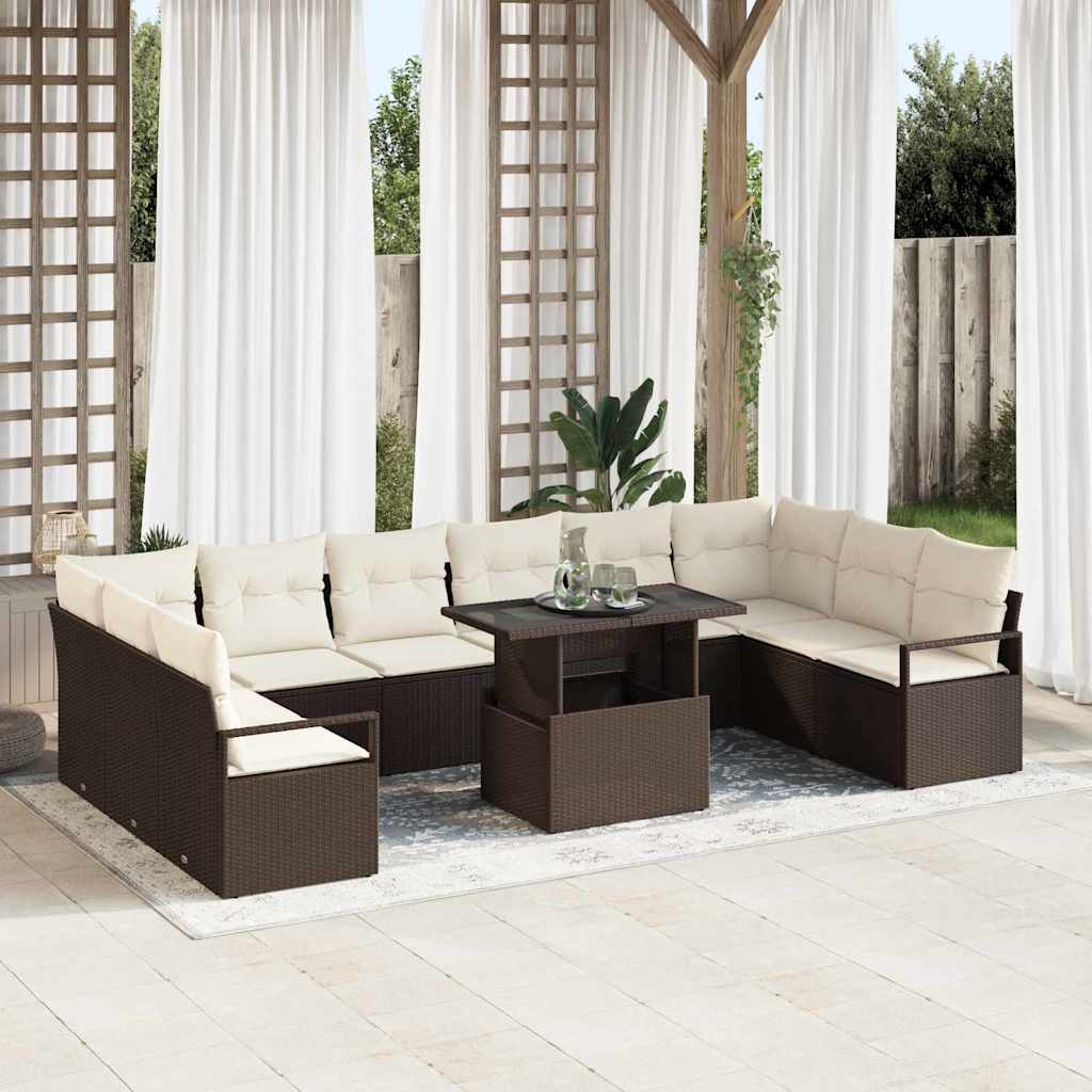 Tuin Sofa Set met kussen 11 pcs Bruin en Crème poly rattan is nu te koop bij PeponiXL, paradijselijk wonen!