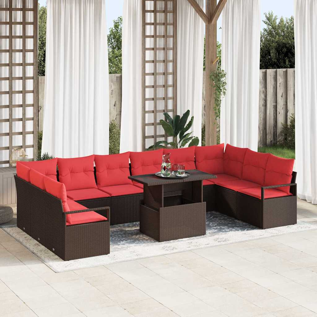 Tuin Sofa Set met kussen 11 pcs Bruin en Rood poly rattan is nu te koop bij PeponiXL, paradijselijk wonen!