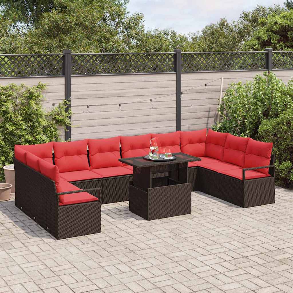 Tuin Sofa Set met kussen 11 pcs Bruin en Rood poly rattan is nu te koop bij PeponiXL, paradijselijk wonen!