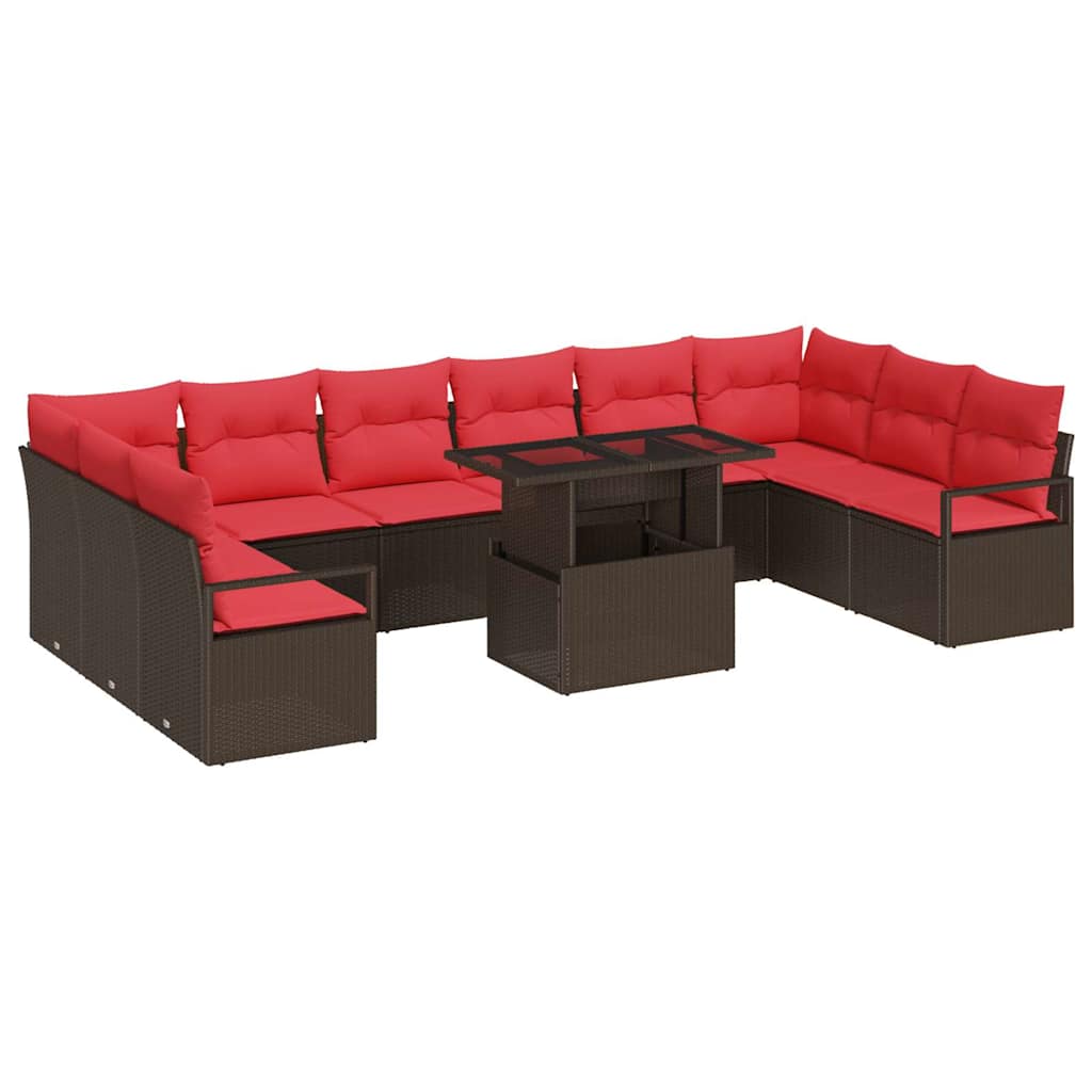 Tuin Sofa Set met kussen 11 pcs Bruin en Rood poly rattan is nu te koop bij PeponiXL, paradijselijk wonen!