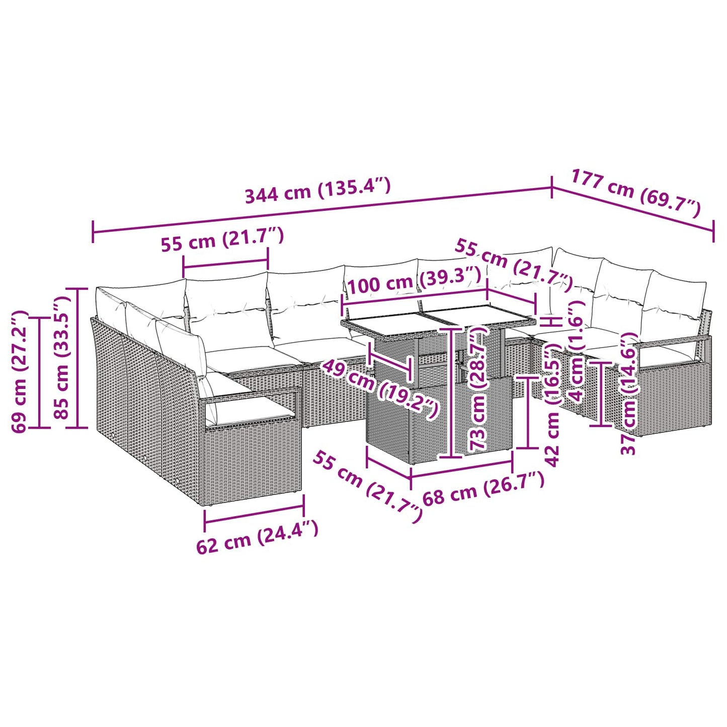 Tuin Sofa Set met kussen 11 pcs Bruin en Rood poly rattan is nu te koop bij PeponiXL, paradijselijk wonen!