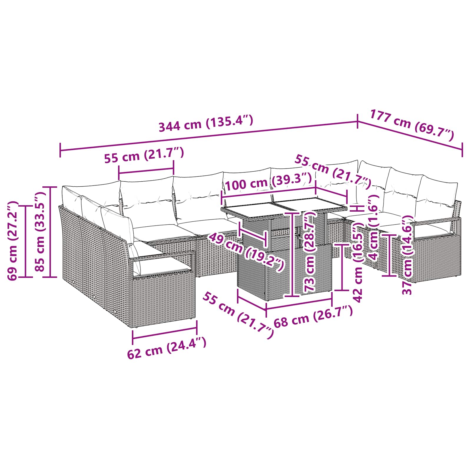 Tuin Sofa Set met kussen 11 pcs Bruin en Rood poly rattan is nu te koop bij PeponiXL, paradijselijk wonen!