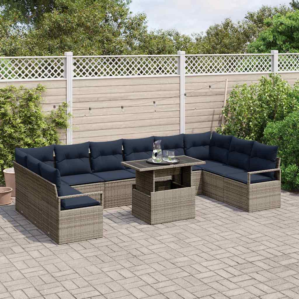 Tuin Sofa Set 11 pcs Grijs en Marineblauw poly rattan is nu te koop bij PeponiXL, paradijselijk wonen!