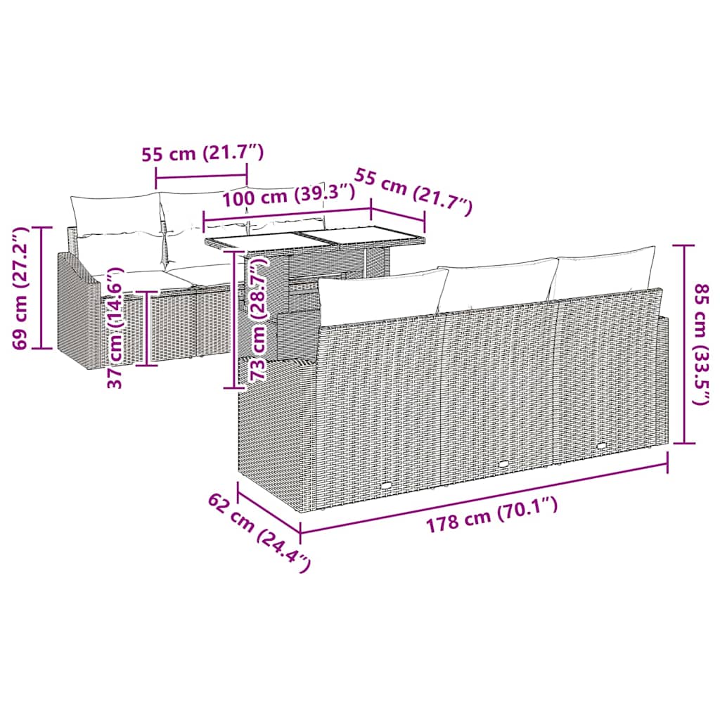 Tuin Sofa Set met kussen 7 pcs Bruin en Crème poly rattan is nu te koop bij PeponiXL, paradijselijk wonen!