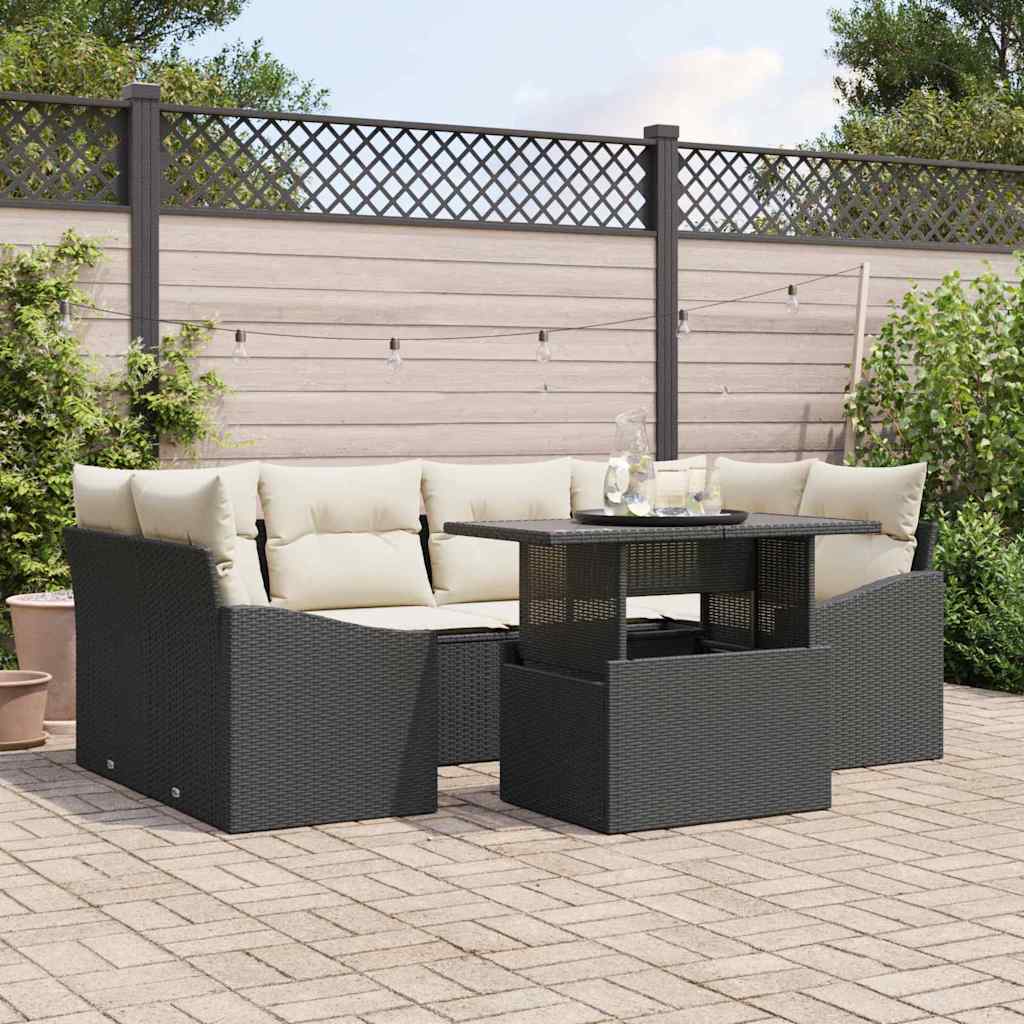 Tuin Sofa Set met kussen 7 pcs Zwart en crème poly rattan is nu te koop bij PeponiXL, paradijselijk wonen!