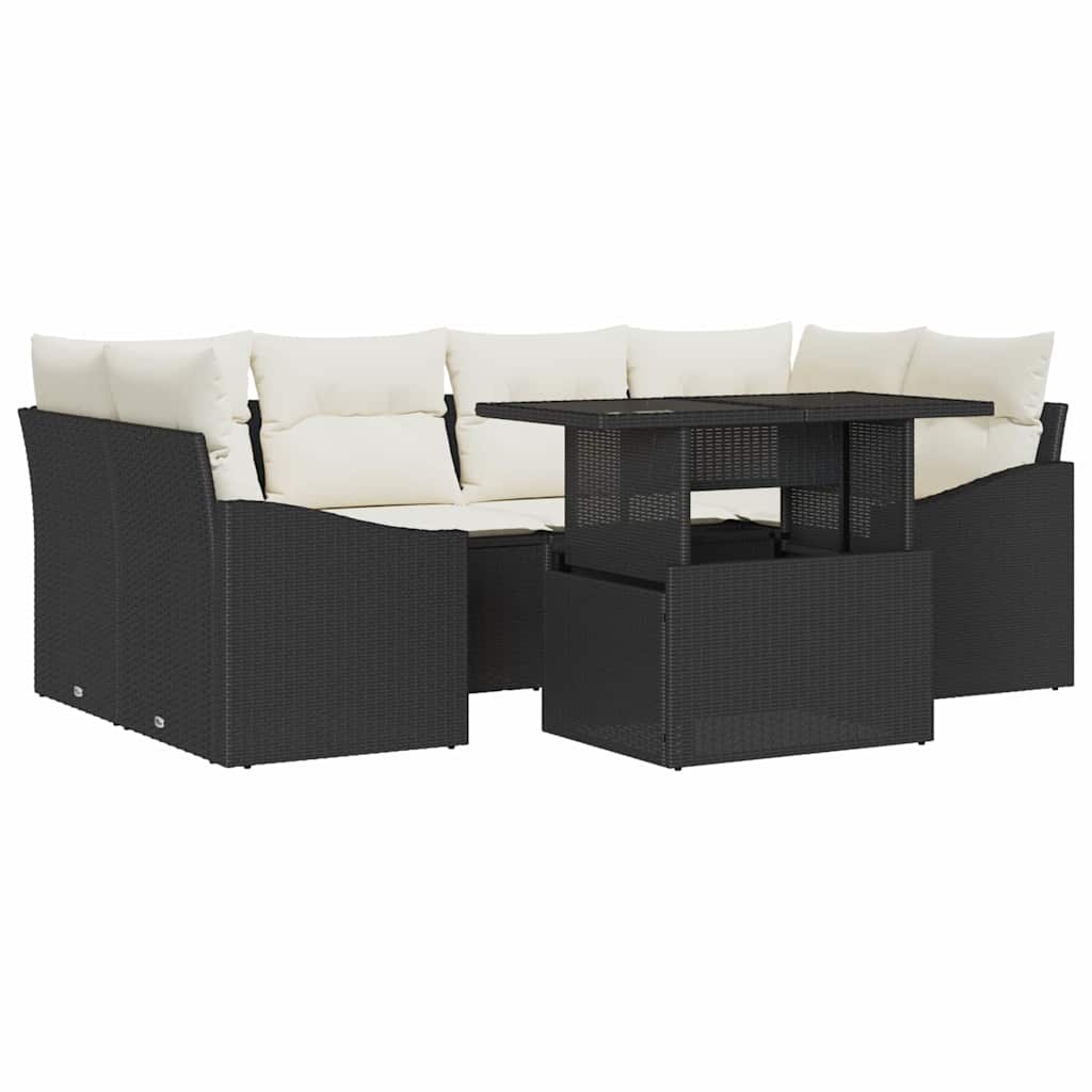 Tuin Sofa Set met kussen 7 pcs Zwart en crème poly rattan is nu te koop bij PeponiXL, paradijselijk wonen!
