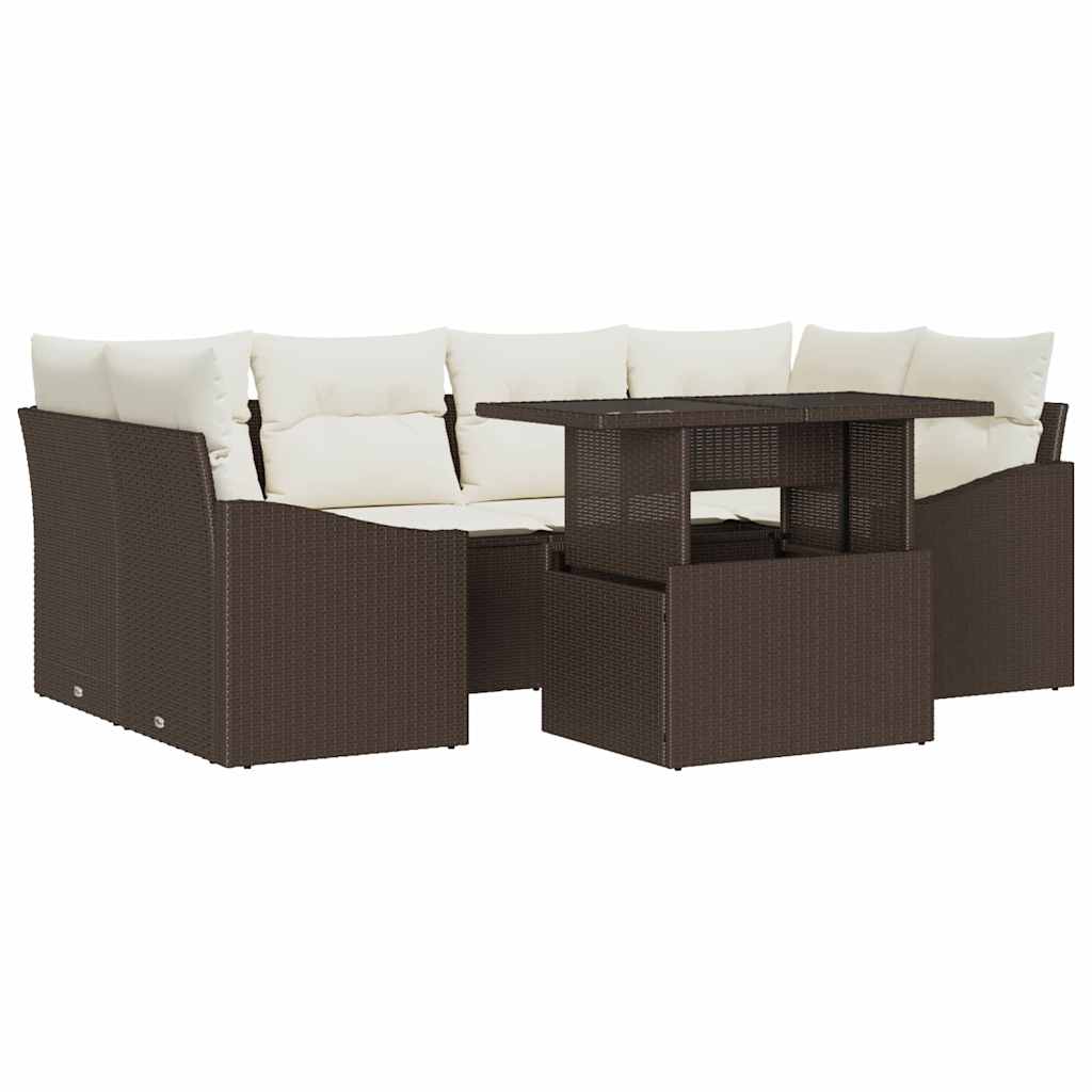 Tuin Sofa Set met kussen 7 pcs Bruin en Crème poly rattan is nu te koop bij PeponiXL, paradijselijk wonen!