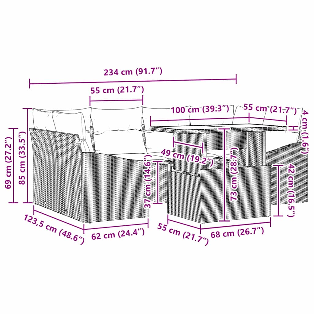 Tuin Sofa Set met kussen 7 pcs Bruin en Crème poly rattan is nu te koop bij PeponiXL, paradijselijk wonen!