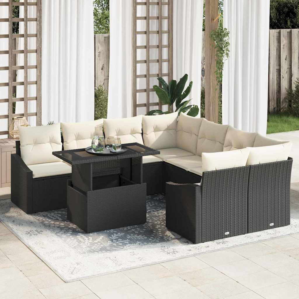 Tuin Sofa Set met kussen 9 pcs Zwart en Crème poly rattan is nu te koop bij PeponiXL, paradijselijk wonen!