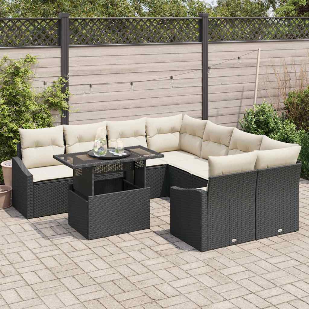 Tuin Sofa Set met kussen 9 pcs Zwart en Crème poly rattan is nu te koop bij PeponiXL, paradijselijk wonen!