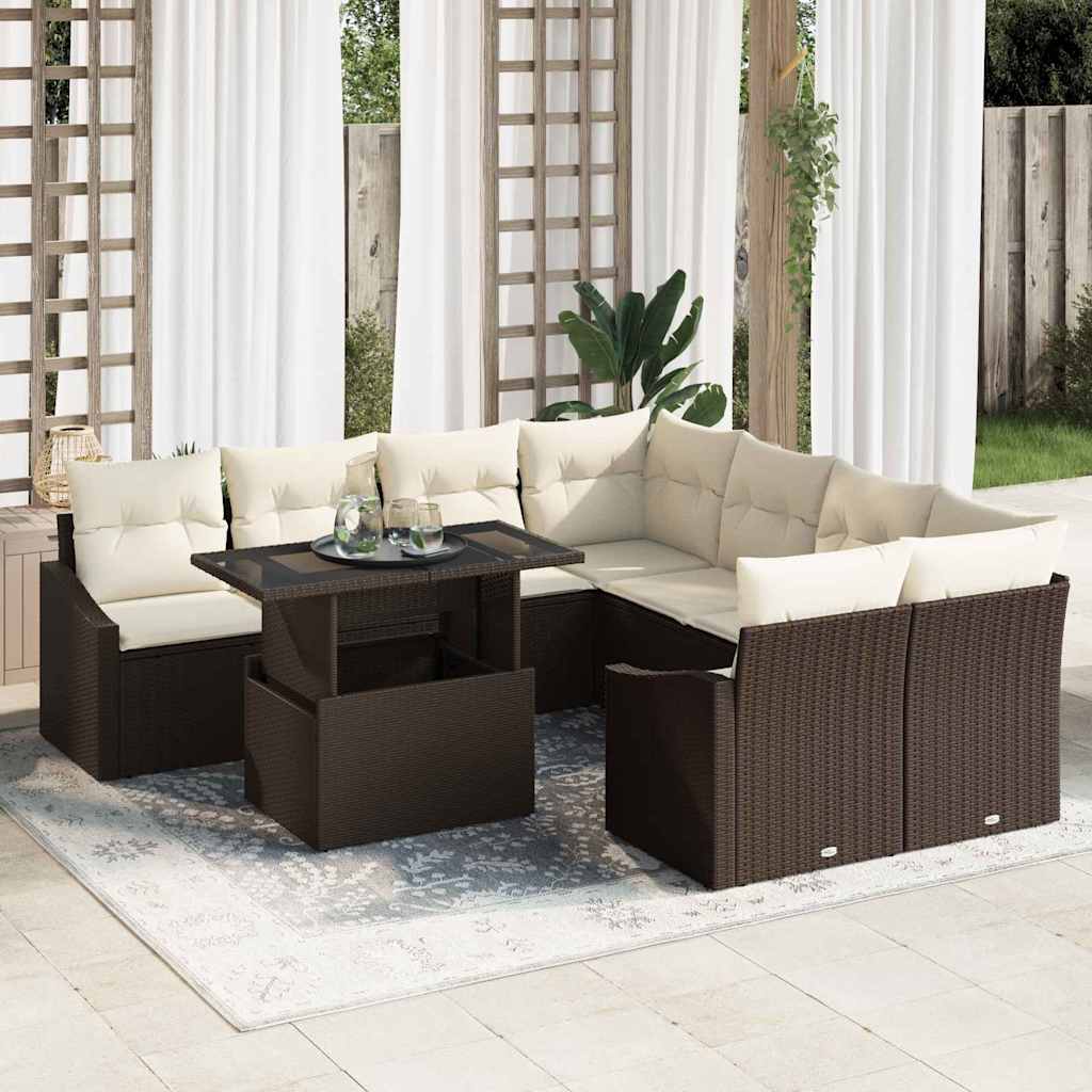 Tuin Sofa Set met kussen 9 pcs Bruin en Crème poly rattan is nu te koop bij PeponiXL, paradijselijk wonen!