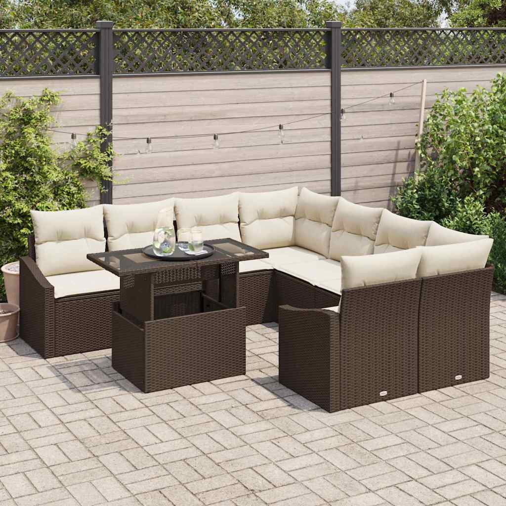 Tuin Sofa Set met kussen 9 pcs Bruin en Crème poly rattan is nu te koop bij PeponiXL, paradijselijk wonen!
