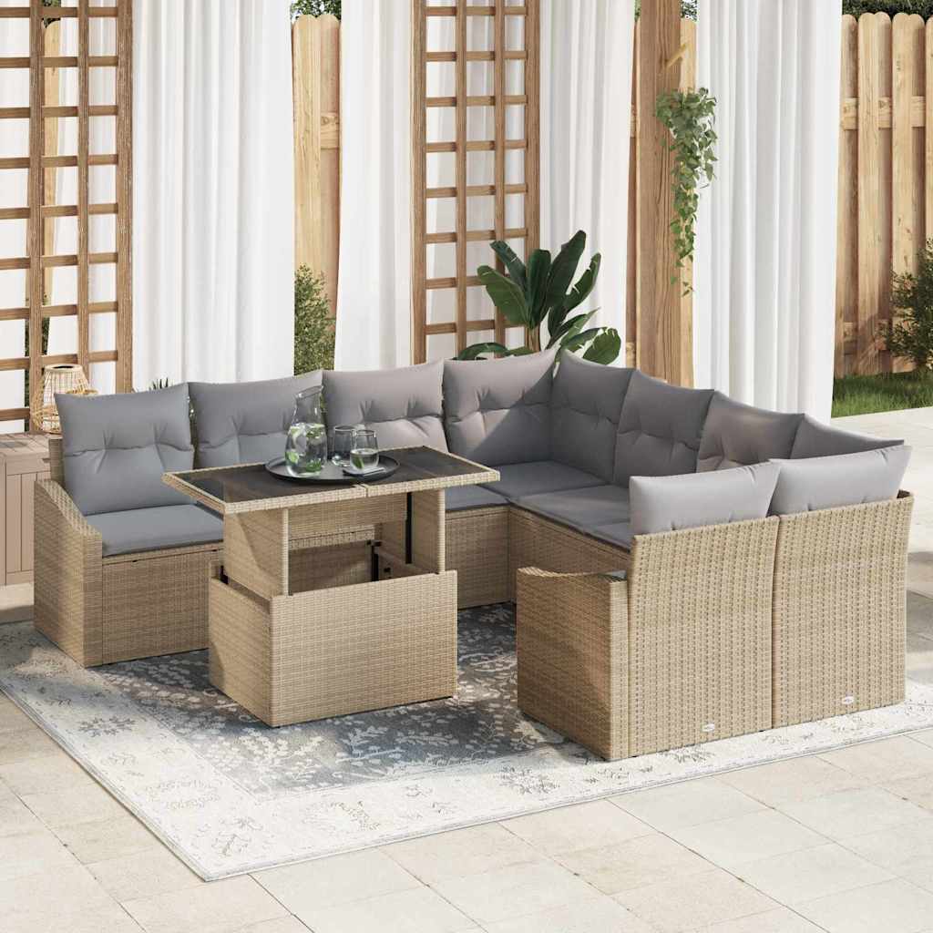 Tuin Sofa Set met kussen 9 pcs Beige en Licht Grijs poly rattan is nu te koop bij PeponiXL, paradijselijk wonen!