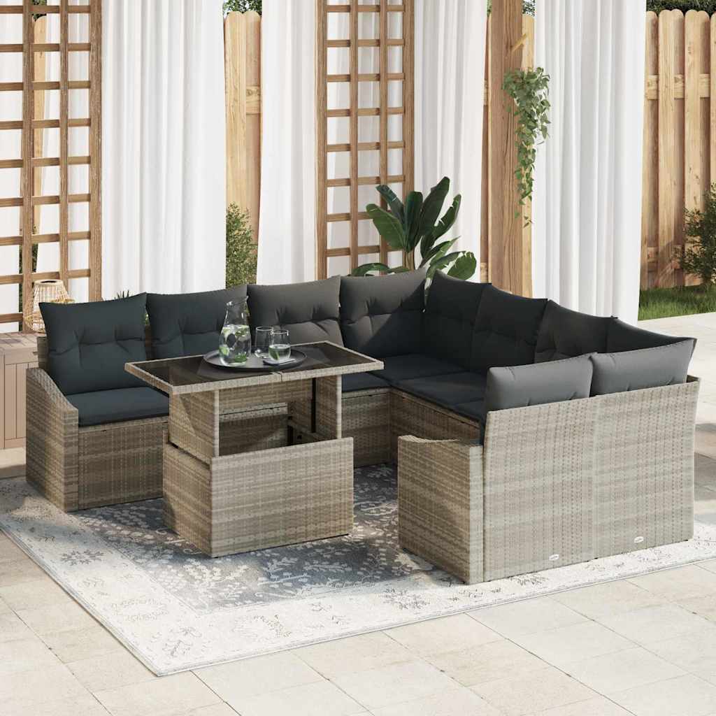 Tuin Sofa Set met kussen 9 pcs Lichtgrijs poly rattan is nu te koop bij PeponiXL, paradijselijk wonen!