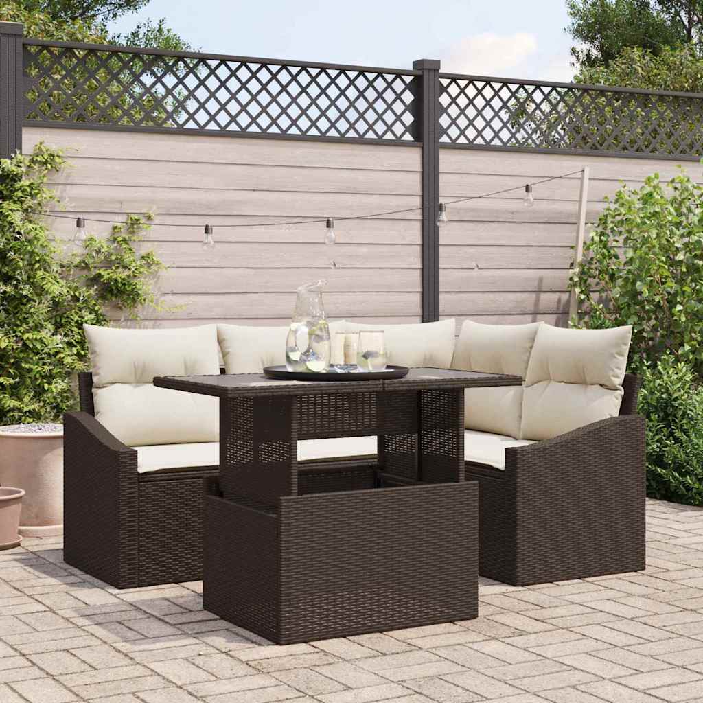 Tuin Sofa Set met kussen 5 pcs Bruin en Crème poly rattan is nu te koop bij PeponiXL, paradijselijk wonen!